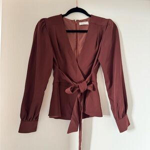 Babaton V-Neck Wrap Blouse - Deep Brown